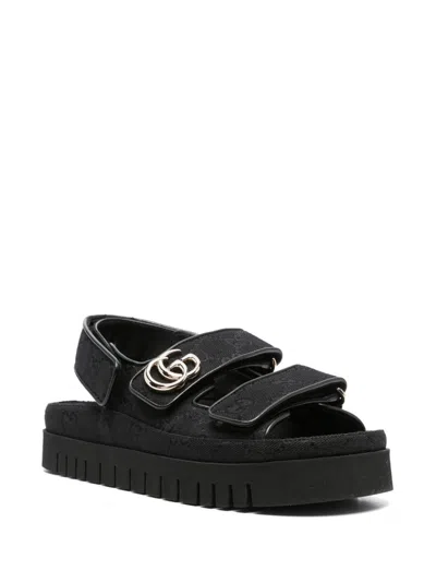 Gucci Black Gg Fabric Sandals With Double G Women In Black