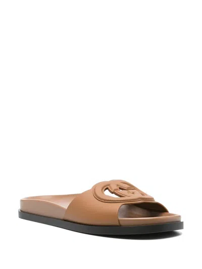 Gucci Leather Cut Flat Sole Sandals In Brown