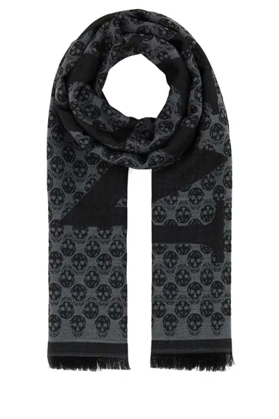 Alexander Mcqueen Wool Foulard With Embroidered Skull Pattern In Black
