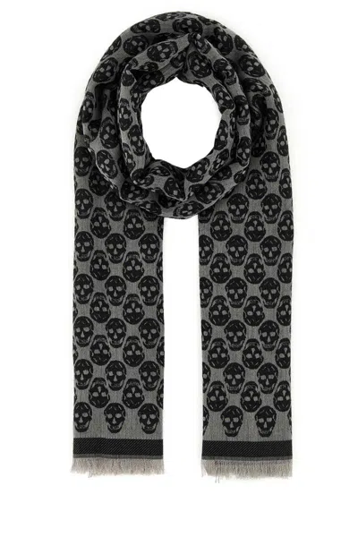 Alexander Mcqueen Wool Blend Embroidered Scarf With Skull Pattern In Black