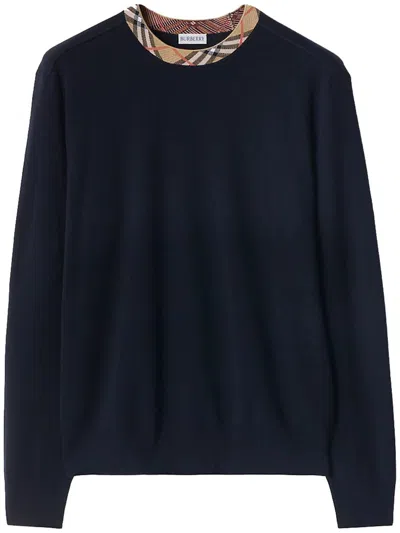 Burberry Crew Neck Knitwear With Distinctive Patterned Collar In Black
