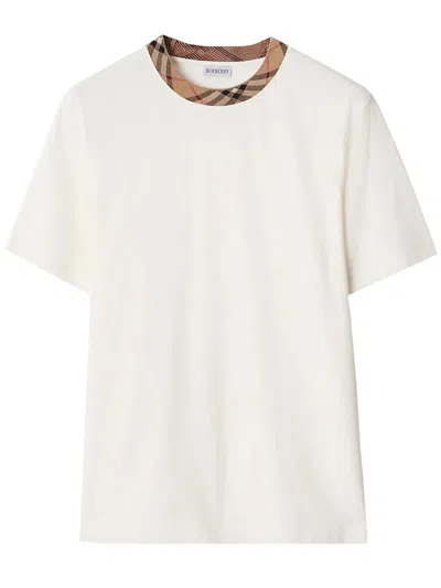 Burberry White Crewneck T-shirt With Check Motif On The Collar In Cotton Man