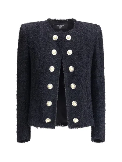 Balmain Edge-to-edge Silky Tweed Jacket In Black