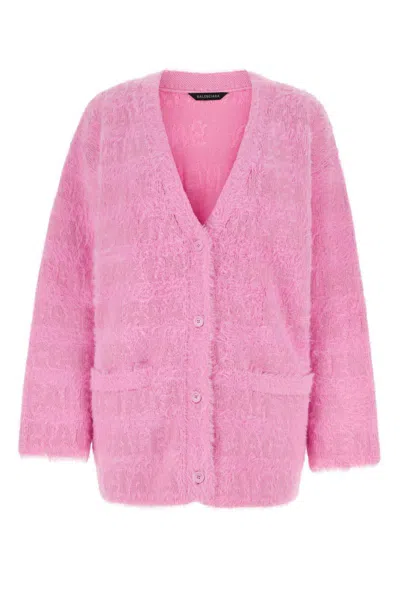 Balenciaga Pink Cardigan With All-over Logo Motif In Wool Blend Woman In Pink