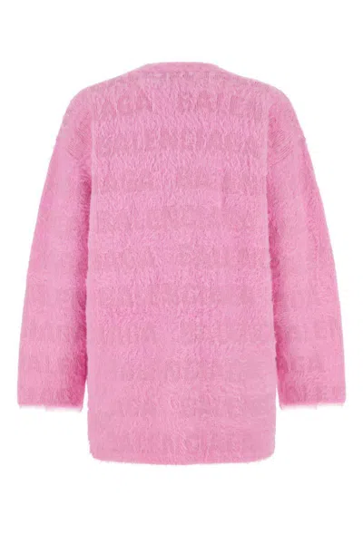 Balenciaga Pink Cardigan With All-over Logo Motif In Wool Blend Woman In Pink