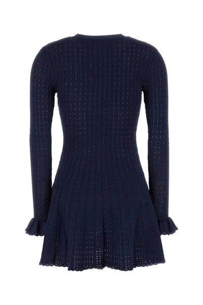 Self-portrait Perforated Knit Short Dress With Removable Lace Brooch In Blue