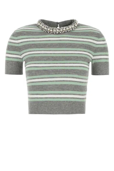 Self-portrait Grey Striped Crystal Trim Knit Sweaters And Cardigans Gray In Gray