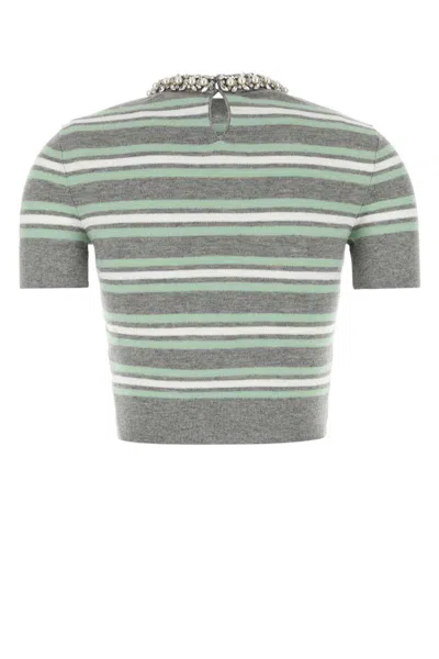 Self-portrait Grey Striped Crystal Trim Knit Sweaters And Cardigans Gray In Gray