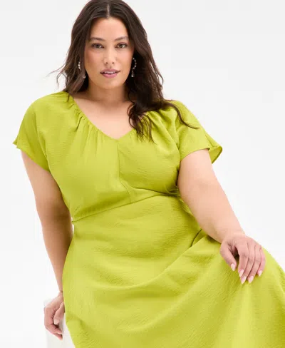 On 34th Trendy Plus Size Flutter-sleeve Textured Satin Midi Dress, Exclusively At Macy's In Green