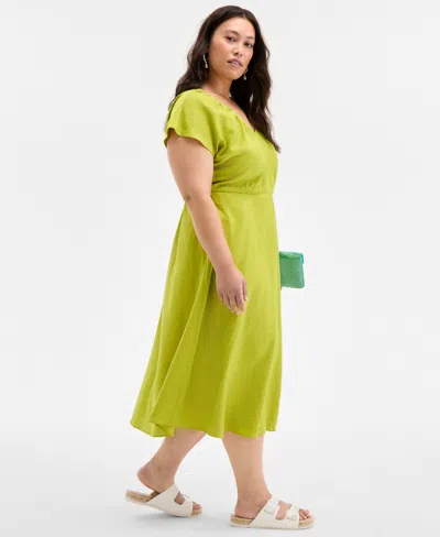 On 34th Trendy Plus Size Flutter-sleeve Textured Satin Midi Dress, Exclusively At Macy's In Green