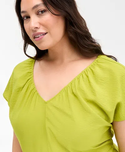 On 34th Trendy Plus Size Flutter-sleeve Textured Satin Midi Dress, Exclusively At Macy's In Green