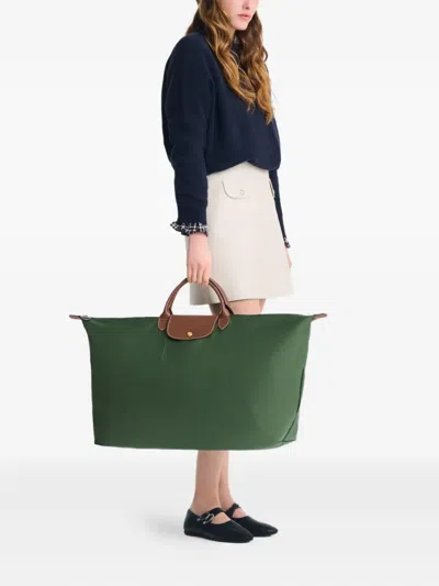 Longchamp Rectangular Duffel Bag With Calf Leather Accents In Green