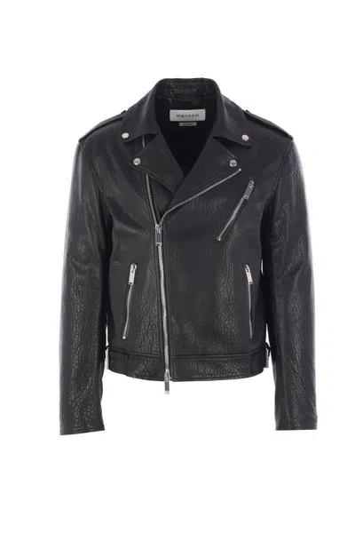 Alexander Mcqueen Leather Jacket With Belted Waist And Epaulettes In Black