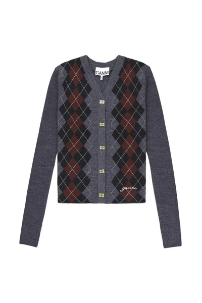 Ganni Grey Sweater With Classic Collar And Check Motif On The Front In Wool Woman In Gray