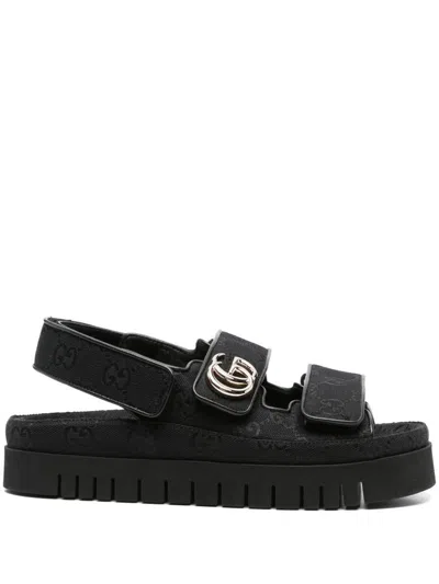 Gucci Black Gg Fabric Sandals With Double G Women In Black