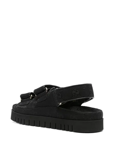 Gucci Black Gg Fabric Sandals With Double G Women In Black