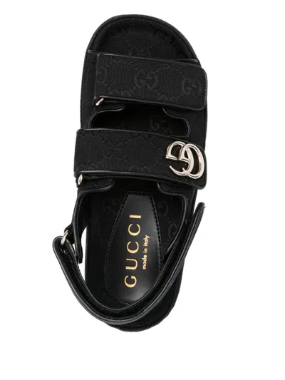 Gucci Black Gg Fabric Sandals With Double G Women In Black