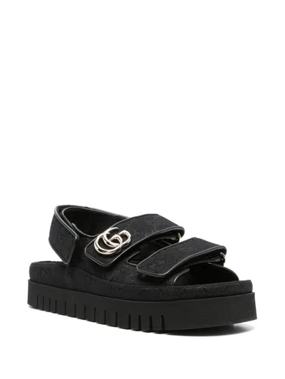 Gucci Black Gg Fabric Sandals With Double G Women In Black