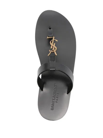 Saint Laurent Cassandre Black Flat Sandals With A T-strap In Leather Woman In Black