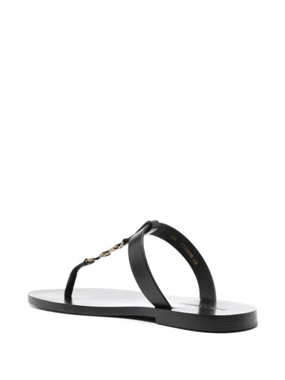 Saint Laurent Cassandre Black Flat Sandals With A T-strap In Leather Woman In Black