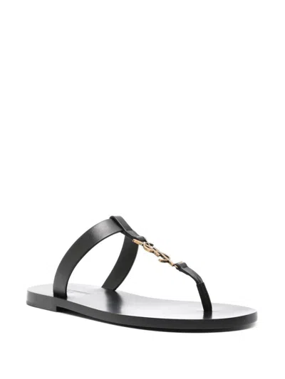 Saint Laurent Cassandre Black Flat Sandals With A T-strap In Leather Woman In Black