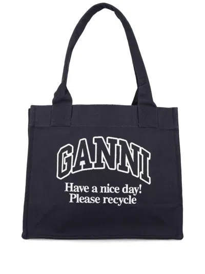 Ganni Black Shopper With Embroidered Logo On The Front In Denim Woman