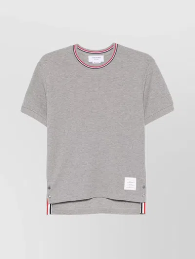 Thom Browne Short-sleeve Cotton T-shirt With Striped Neckline And Snap Hem In Gray