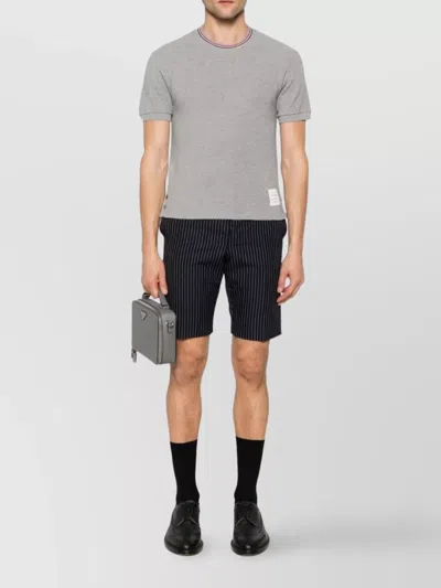 Thom Browne Short-sleeve Cotton T-shirt With Striped Neckline And Snap Hem In Gray