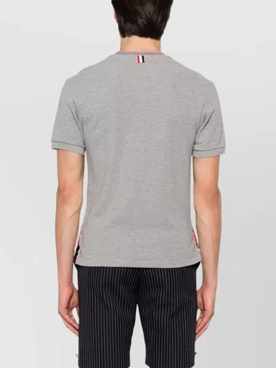 Thom Browne Short-sleeve Cotton T-shirt With Striped Neckline And Snap Hem In Gray