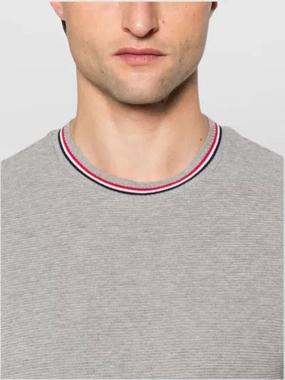 Thom Browne Short-sleeve Cotton T-shirt With Striped Neckline And Snap Hem In Gray