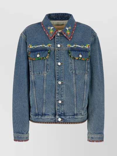 Valentino Denim Jacket With Multicolor Embroidery In Blue