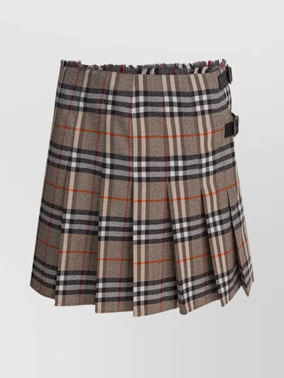 Burberry Plaid Pleated Skirt With Frayed Hem And Buckle Accents In Brown
