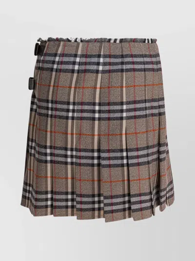 Burberry Plaid Pleated Skirt With Frayed Hem And Buckle Accents In Brown
