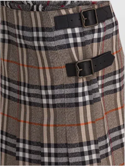 Burberry Plaid Pleated Skirt With Frayed Hem And Buckle Accents In Brown
