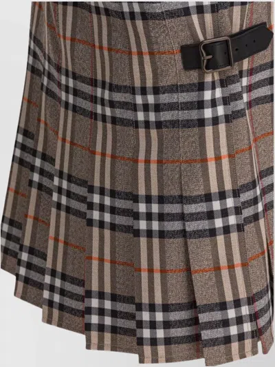 Burberry Plaid Pleated Skirt With Frayed Hem And Buckle Accents In Brown