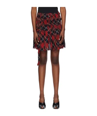 Jean Paul Gaultier Pleated Mesh Short Skirt Printed Distorted Tartan In Red