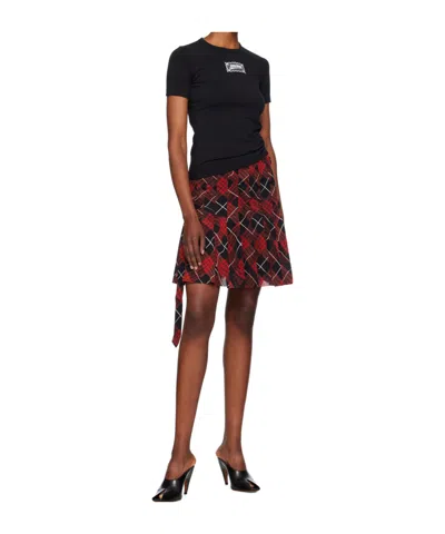 Jean Paul Gaultier Pleated Mesh Short Skirt Printed Distorted Tartan In Red