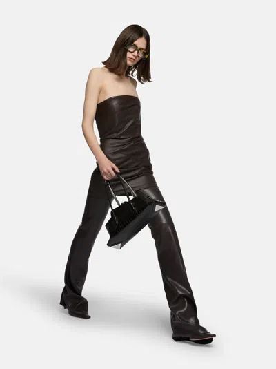 Attico Brown Off-shoulder Sleeveless Mini Dress With Rear Zip Closure In Leather Woman In Green