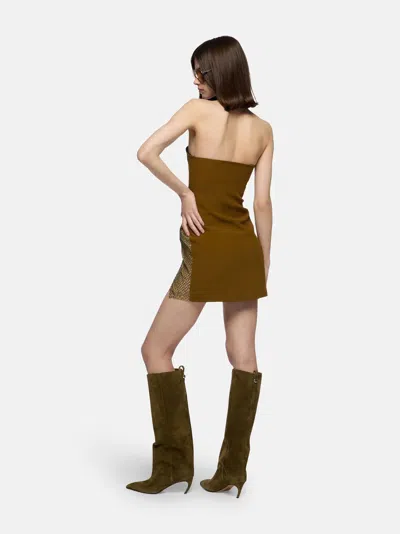 Attico Sequin Insert Strapless Fitted Dress With Side Mesh In Brown