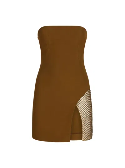 Attico Sequin Insert Strapless Fitted Dress With Side Mesh In Brown