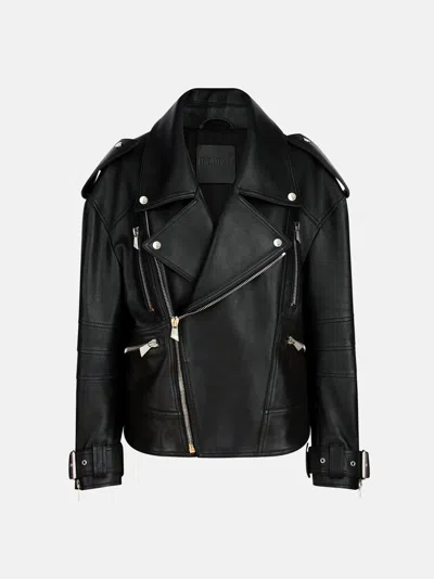 Attico Black Leather Oversize Bomber Jacket