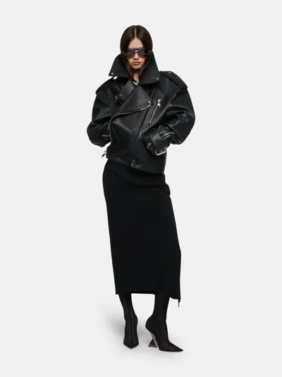 Attico Black Leather Oversize Bomber Jacket
