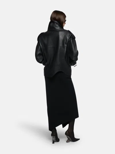 Attico Black Leather Oversize Bomber Jacket