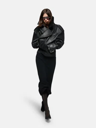 Attico Black Leather Oversize Bomber Jacket