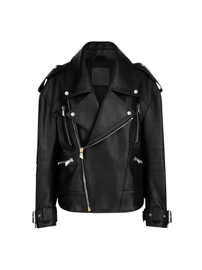 Attico Black Leather Oversize Bomber Jacket