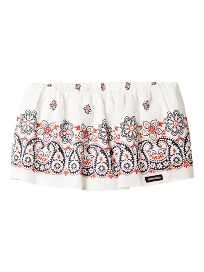 Miu Miu Slubbed Poplin Skirt With Print In White