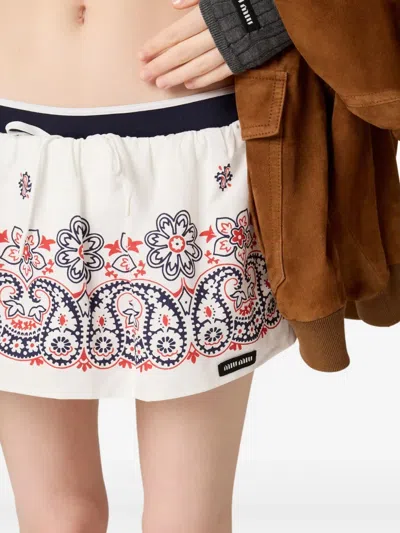 Miu Miu Slubbed Poplin Skirt With Print In White