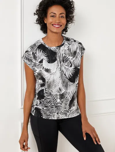 Talbots Petite - Button Shoulder Cap Sleeve T-shirt - Breezy Palms - Black/white - Xl
