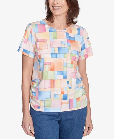 Alfred Dunner Petite Color Block Tile Top With Side Ruching In Multi