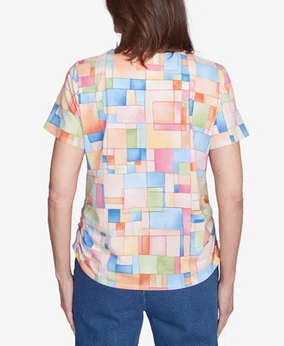 Alfred Dunner Petite Color Block Tile Top With Side Ruching In Multi